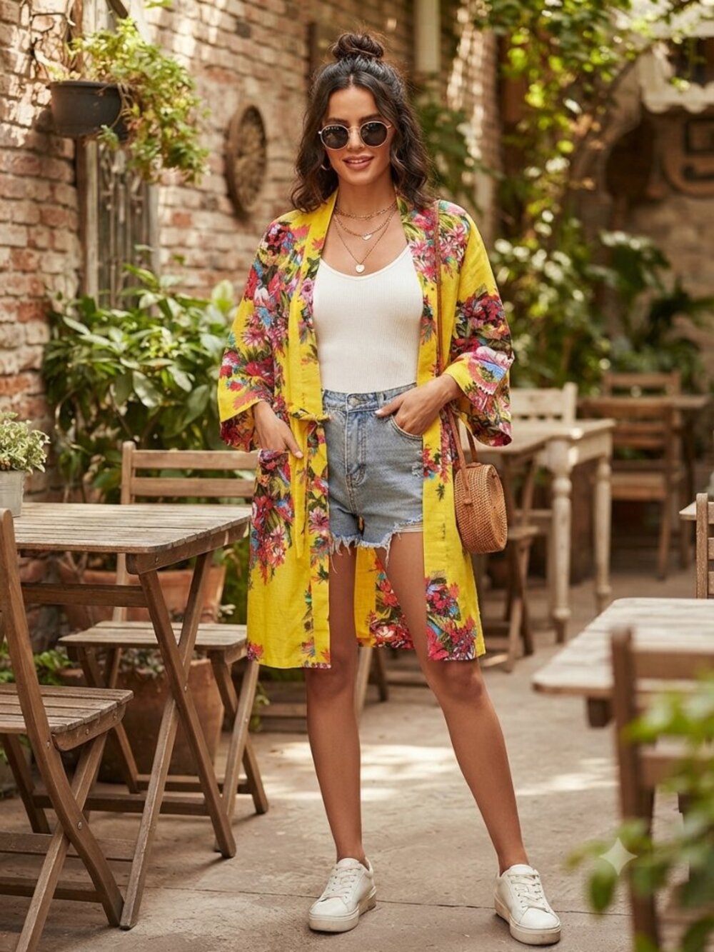 Boho Yellow Floral Cotton Kimono Robe Belted Dopamine Loungewear Cover Up Size M